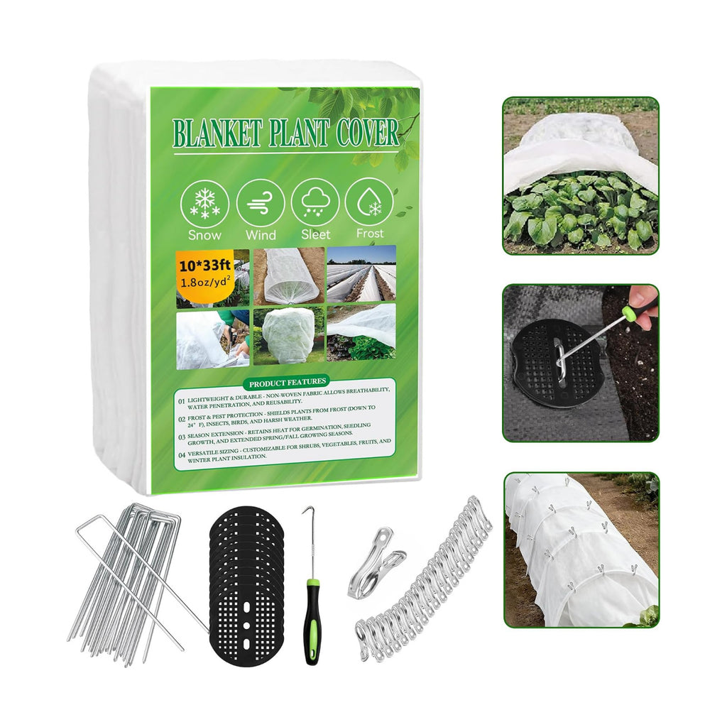 10 FT x 33 FT Plant Covers Freeze Protection kit - 1.8 oz/yd² Thickened Frost Cloths Blankets with Garden Row Cover