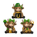 3 Pcs St. Patrick's Day Decor Highland Cow Resin Figurine Bathroom Highland Cow Gnomes with Shamrock Hat Resin Statue for St. Patrick's Day Garden Table Shelf Home Decor Gifts