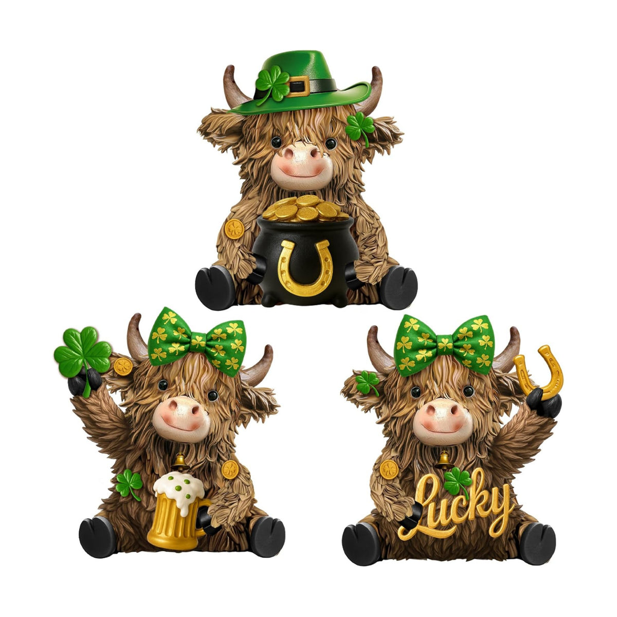 3 Pcs St. Patrick's Day Decor Highland Cow Resin Figurine Bathroom Highland Cow Gnomes with Shamrock Hat Resin Statue for St. Patrick's Day Garden Table Shelf Home Decor Gifts
