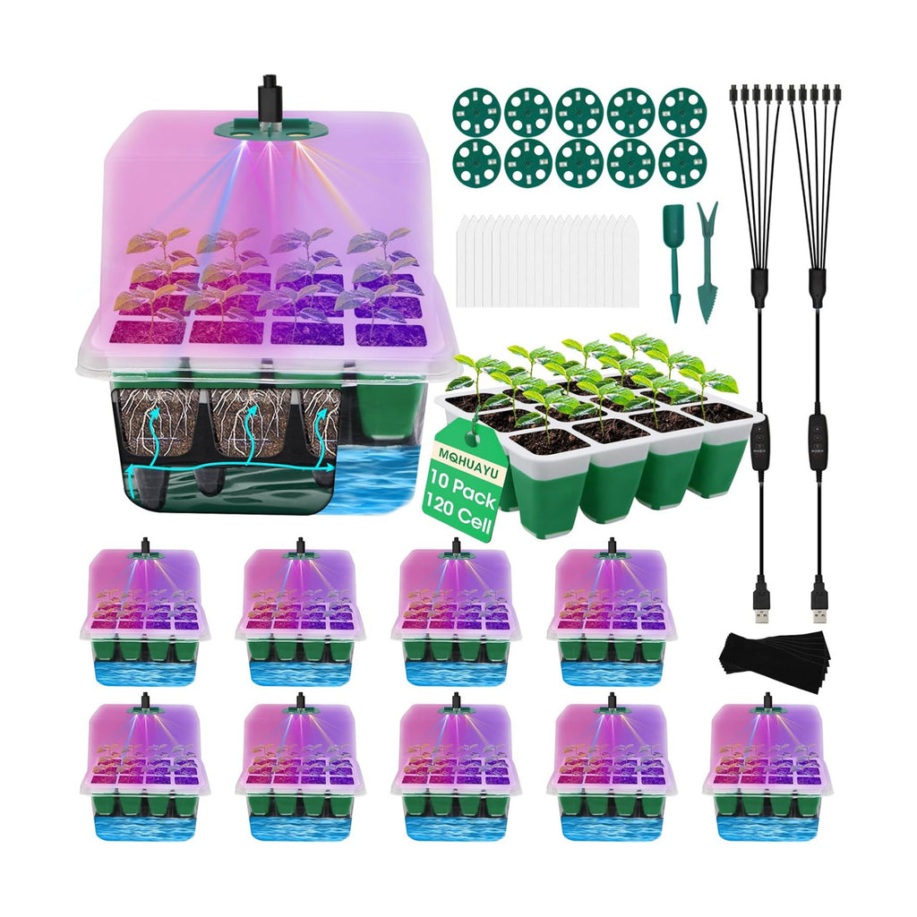 10-Pack Self Watering Seed Starter Tray with Grow Light 120Cell | Smart Timer, Humidity Dome, Ideal For Indoor Plant