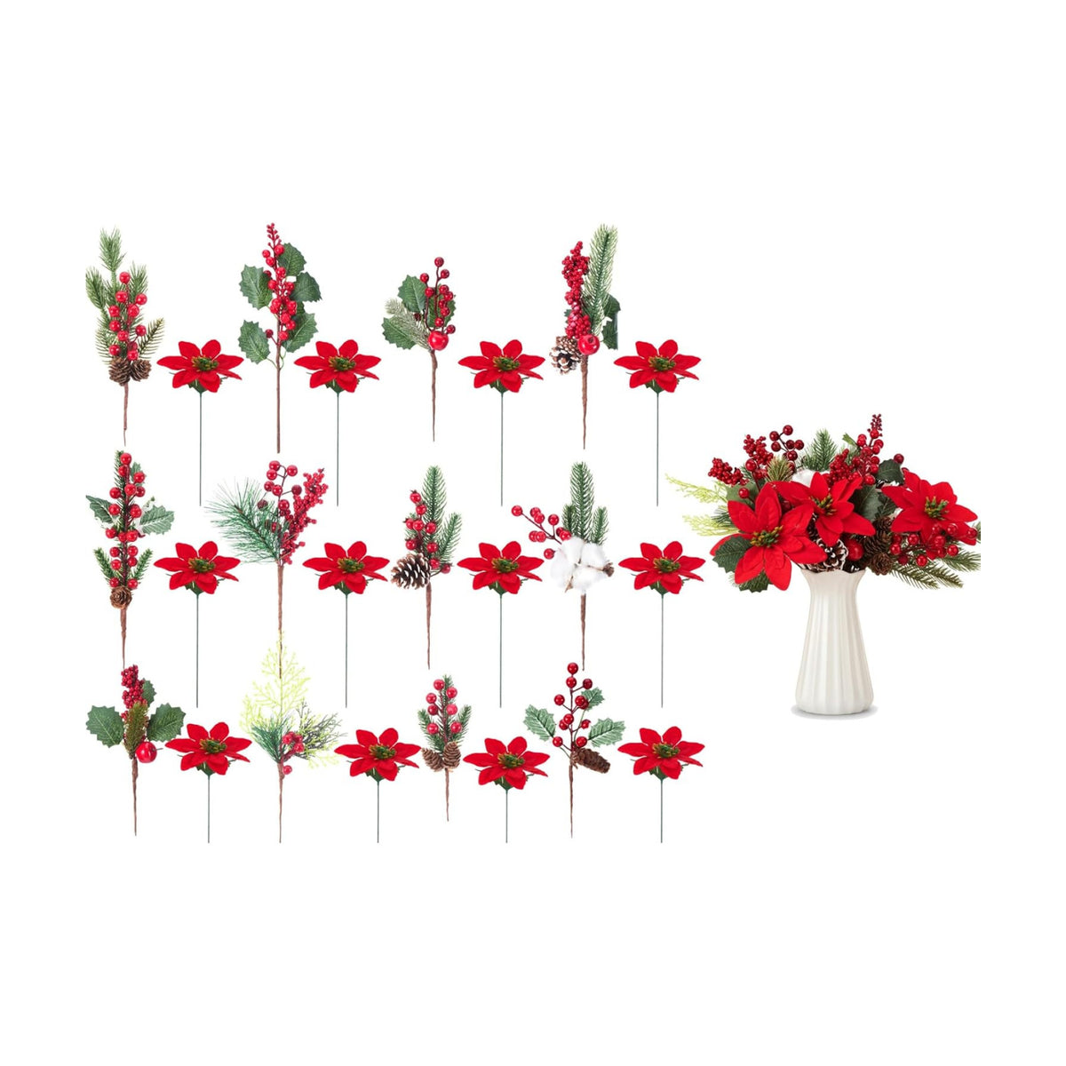 WILLBOND 24 Pcs Christmas Tree Picks Decorations Red Berry Pine Vase Picks Spray Berry Branches Poinsettia Holly Pine Flower Pick Berries Pinecones for Christmas Crafts Party Festive Home Decor