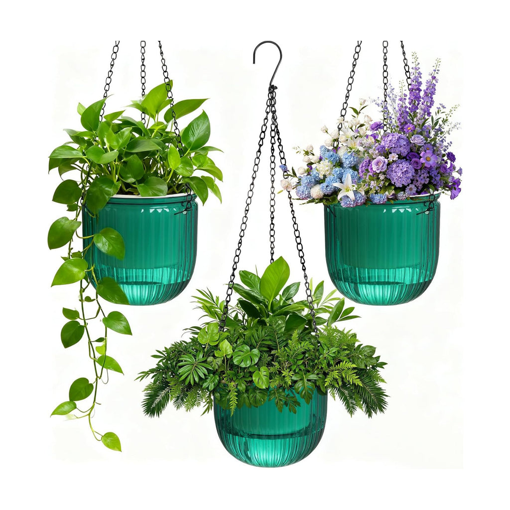 Hanging Planters for Indoor Plants 3 Pack, 6.5'' Plastic Flower Pot | Self Watering Planters Small Clear Outdoor, Metal