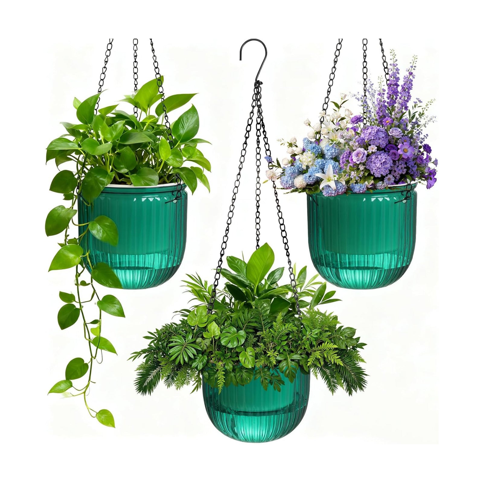 Hanging Planters for Indoor Plants 3 Pack, 6.5'' Plastic Flower Pot | Self Watering Planters Small Clear Outdoor, Metal