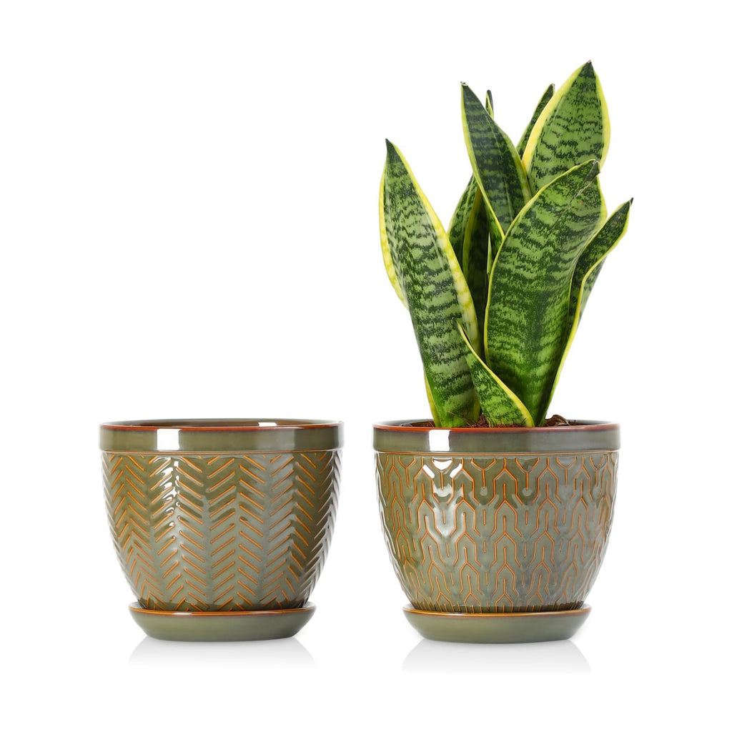 Sureasy 6.5 Inch Ceramic Plant Pots, Embossed Decorative Planters with Drainage Hole and Saucer, Modern Flower Pots for