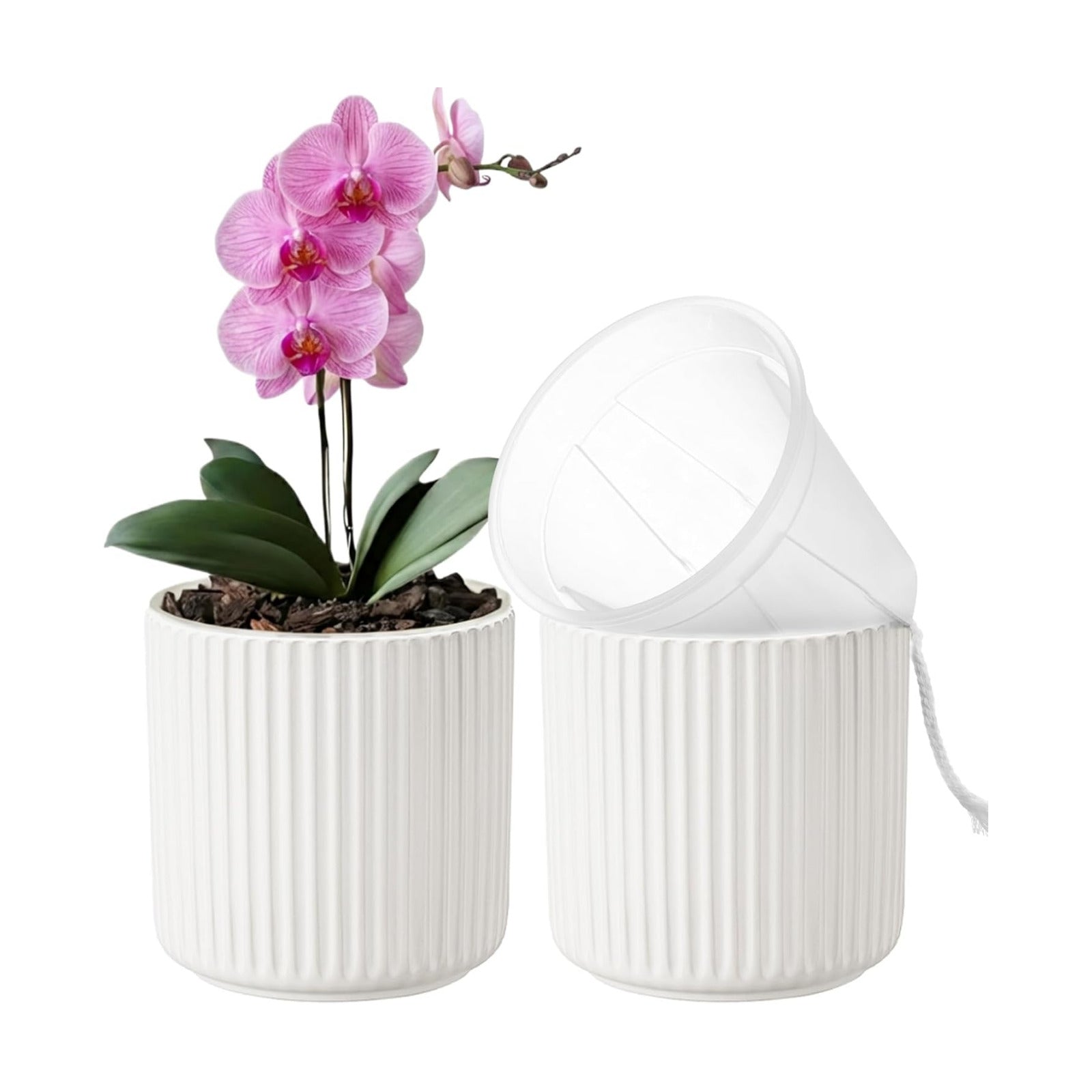 Orchid Pot,Ceramic Plant Pot with Clear Pot,5 inch,White,2pack | self watering,Dual-Pot System,Root Visibility,Flexible