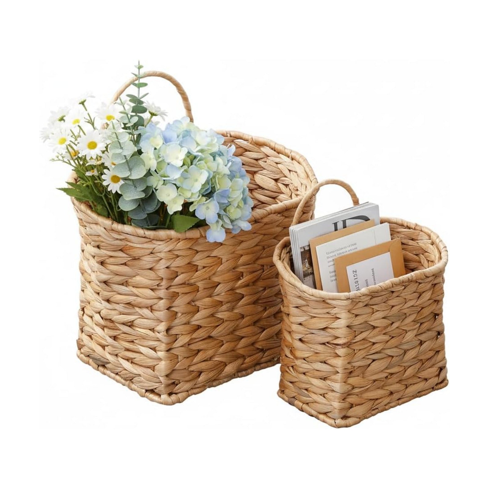 Coeusy Set of 2 Hanging Basket, Wicker Wall Basket for Door,Mail,Flower,Planters, Natural Water Hyacinth Storage Basket