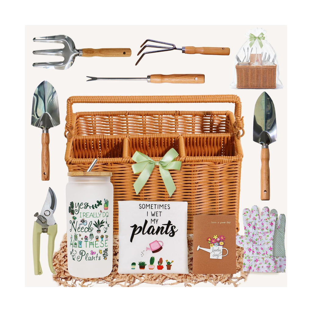Gardening Gifts for Women 12 Pcs Garden Tools Set with Basket Heavy Duty Gardening Hand Tool with Wood Handle Gardener