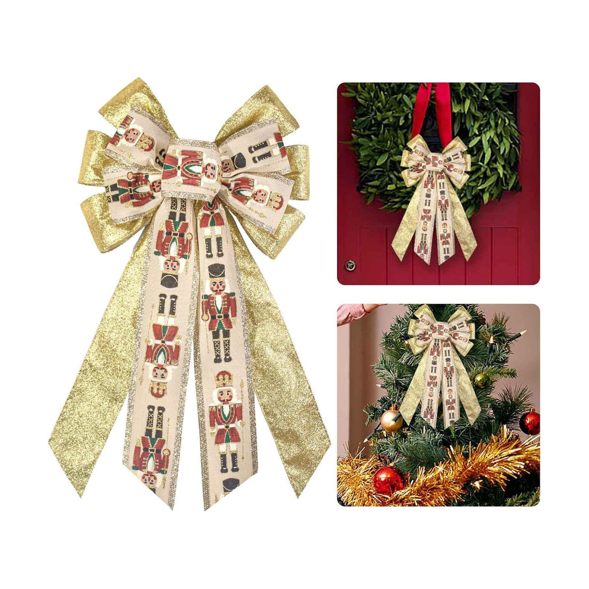 Estivaux Large Christmas Bows for Wreath, Christmas Wreath Bow Golden Natural Burlap Ribbons Xmas Tree Topper Bows for Front Door Party Decorations