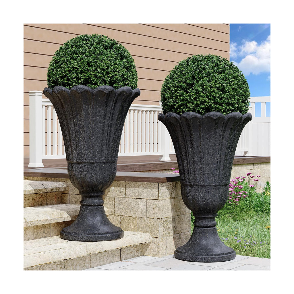 24" Tall Urn Planters Set of 2, Black Outdoor Planter for Porch | HDPE Resin Weather-Resistant Large Planters with