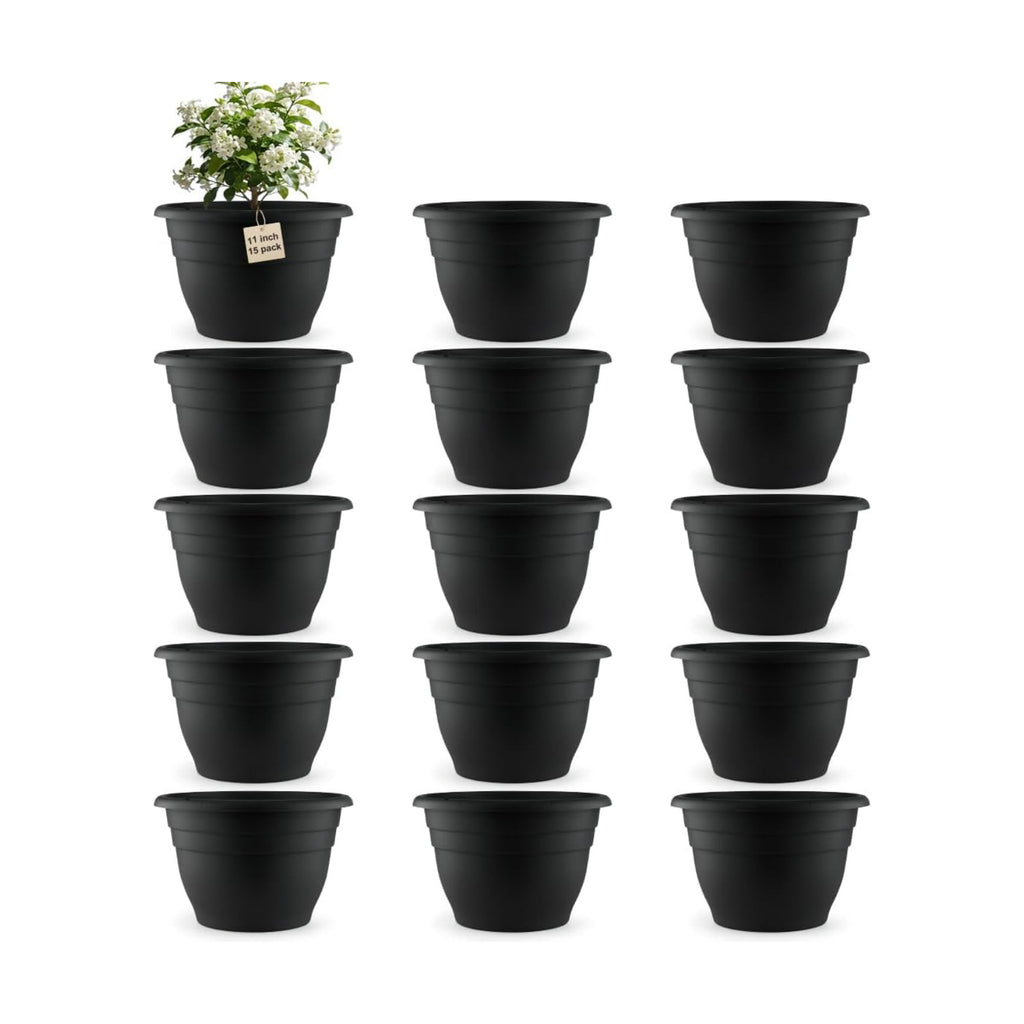 RooTrimmer 15 Pack 11 Inch Plant Pots with Drainage Holes,Black Plastic Flower Pots with Hanging Holes,Durable Planters