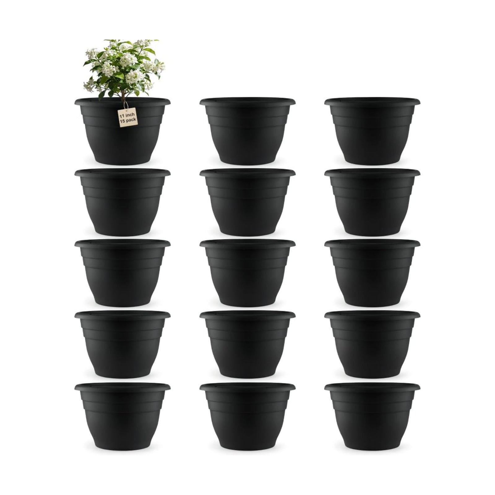 RooTrimmer 15 Pack 11 Inch Plant Pots with Drainage Holes,Black Plastic Flower Pots with Hanging Holes,Durable Planters