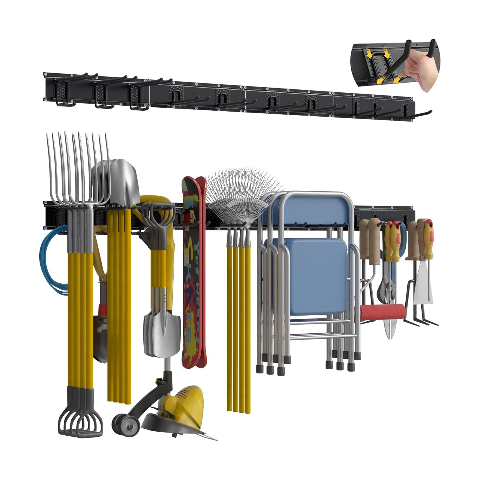 Garage Tool Organizer Wall Mount with 64 inches Rails and 10 Adjustable Heavy-Duty Hooks, Garden Tool Organizer, 14
