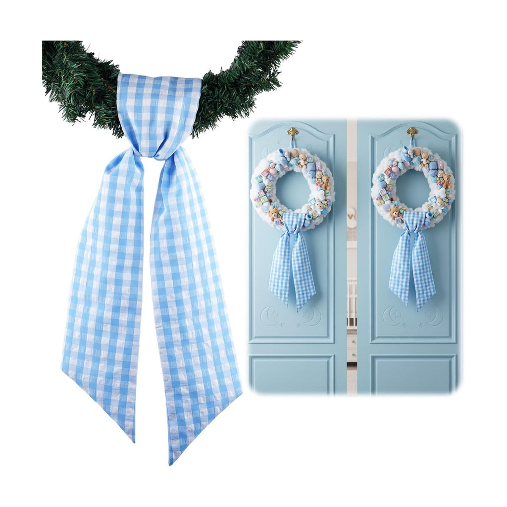 2 Pack Blue White Plaid Wreath Sash Front Door Decoration, Blank Sashes Patriotic July 4th Summer Holiday Party Bow Ribbon Bundle Indoor Outdoor Farmhouse