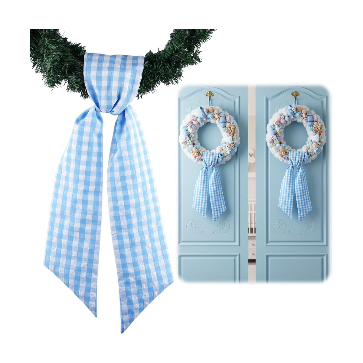2 Pack Blue White Plaid Wreath Sash Front Door Decoration, Blank Sashes Patriotic July 4th Summer Holiday Party Bow Ribbon Bundle Indoor Outdoor Farmhouse