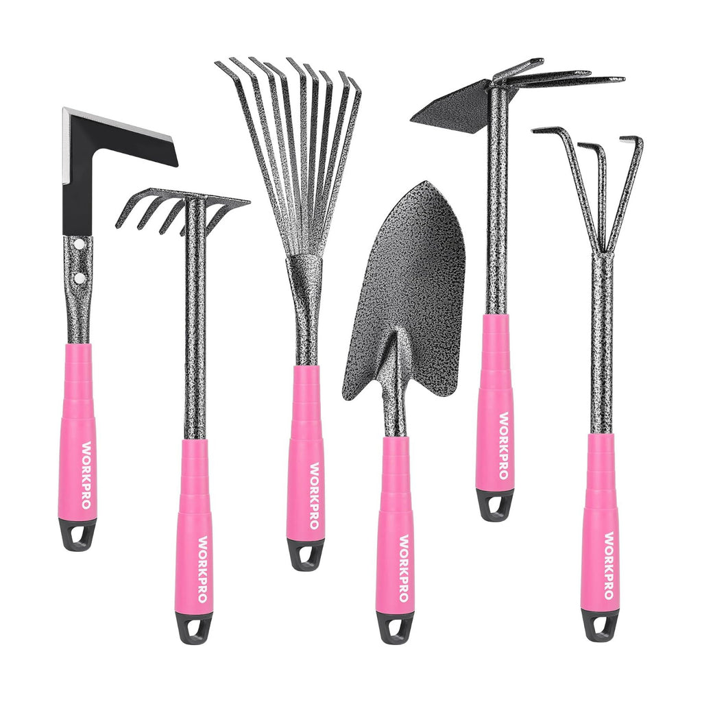WORKPRO 6-Piece Pink Garden Tool Set | Heavy Duty Gardening Hand Tools with Soft Rubber Handle, Including Trowel