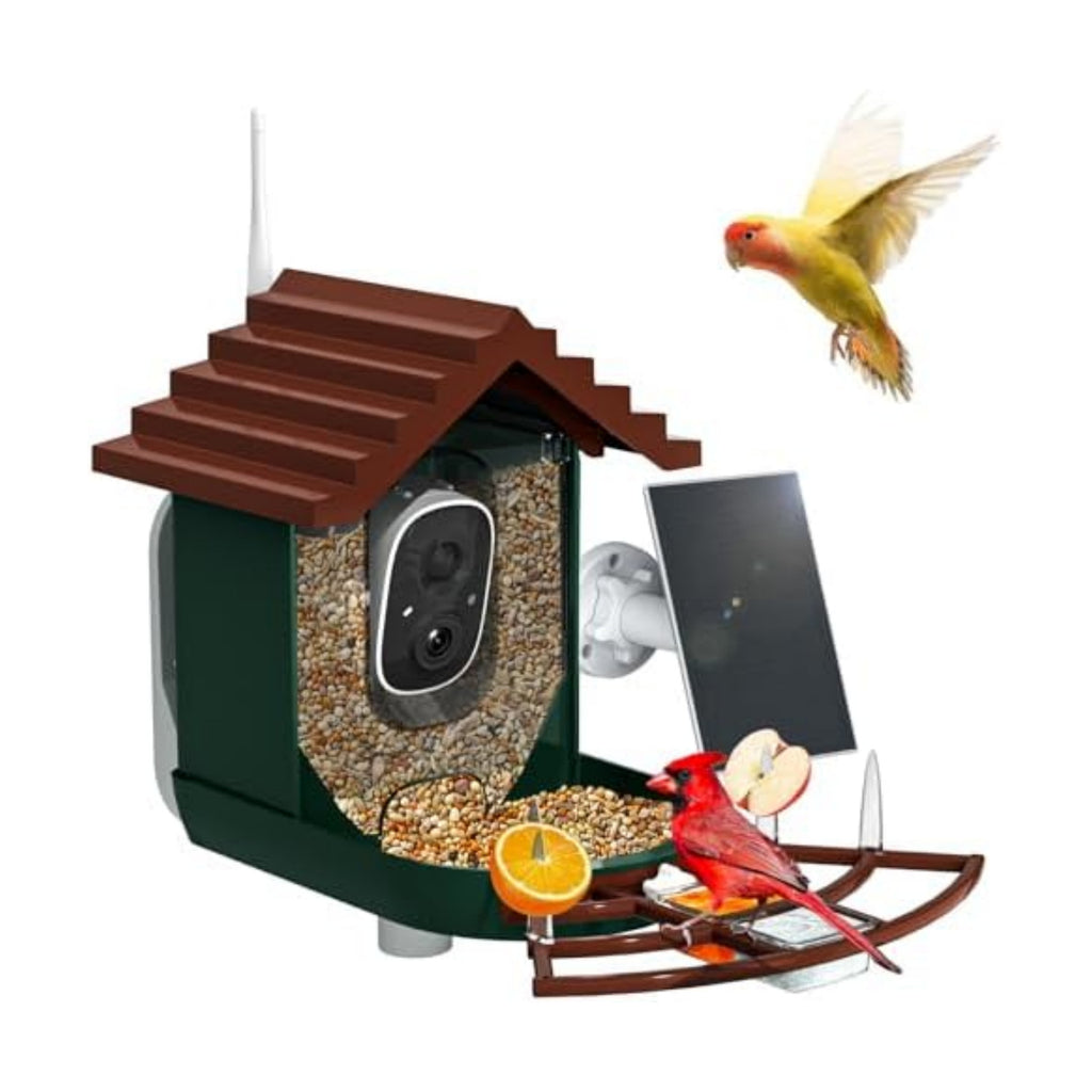 Smart Bird Feeder with Camera Solar Powered & AI Bi rd Identification, 2.4Ghz WiFi Bird feeders for Outdoors, 2K Live Video, Instant Arrival Alerts - Dark red-Green