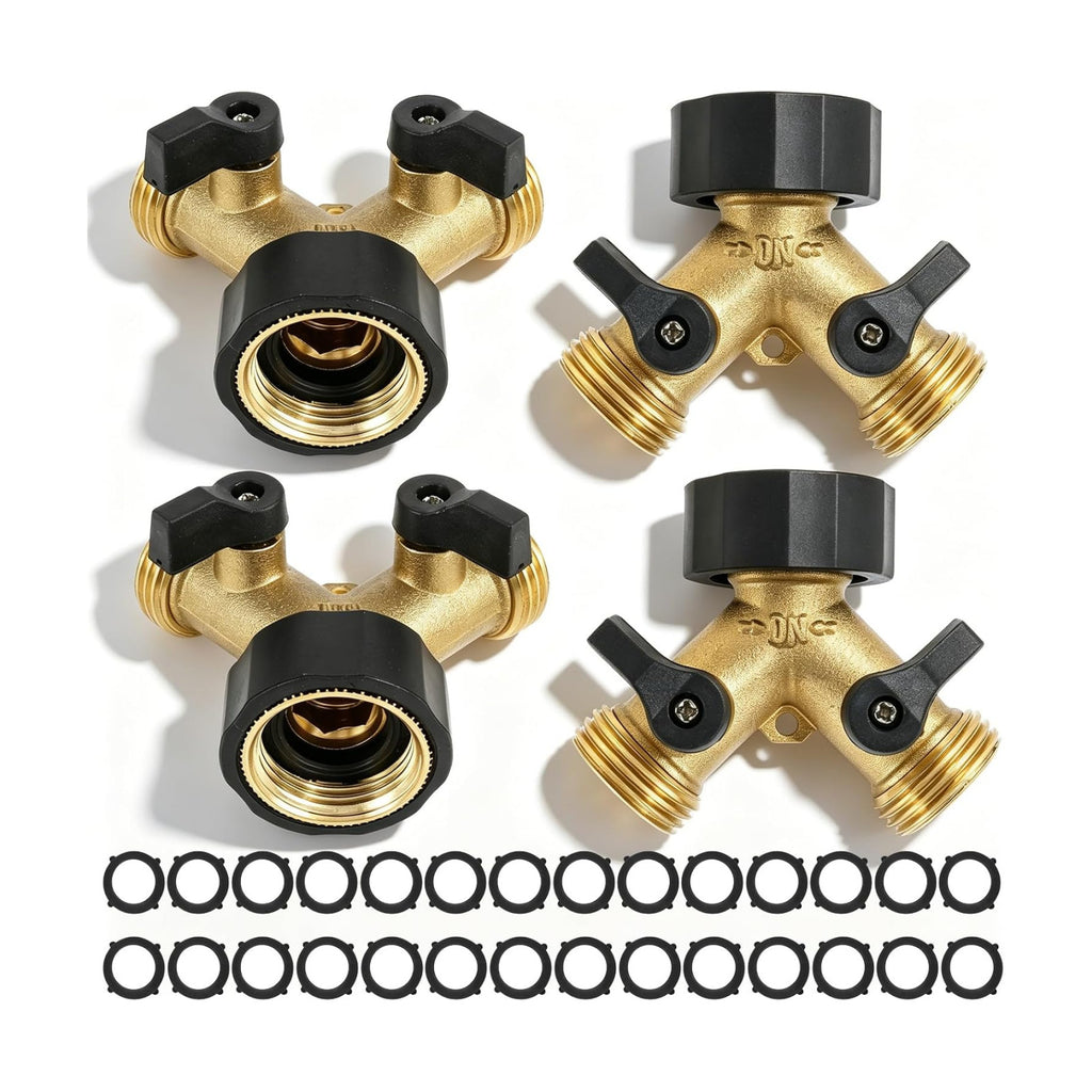 4 Pack Garden Hose Splitter 2 Way, 3/4" Thread, with 28 Rubber Washers | Heavy Duty Brass Hose Y Splitter, Leak Proof