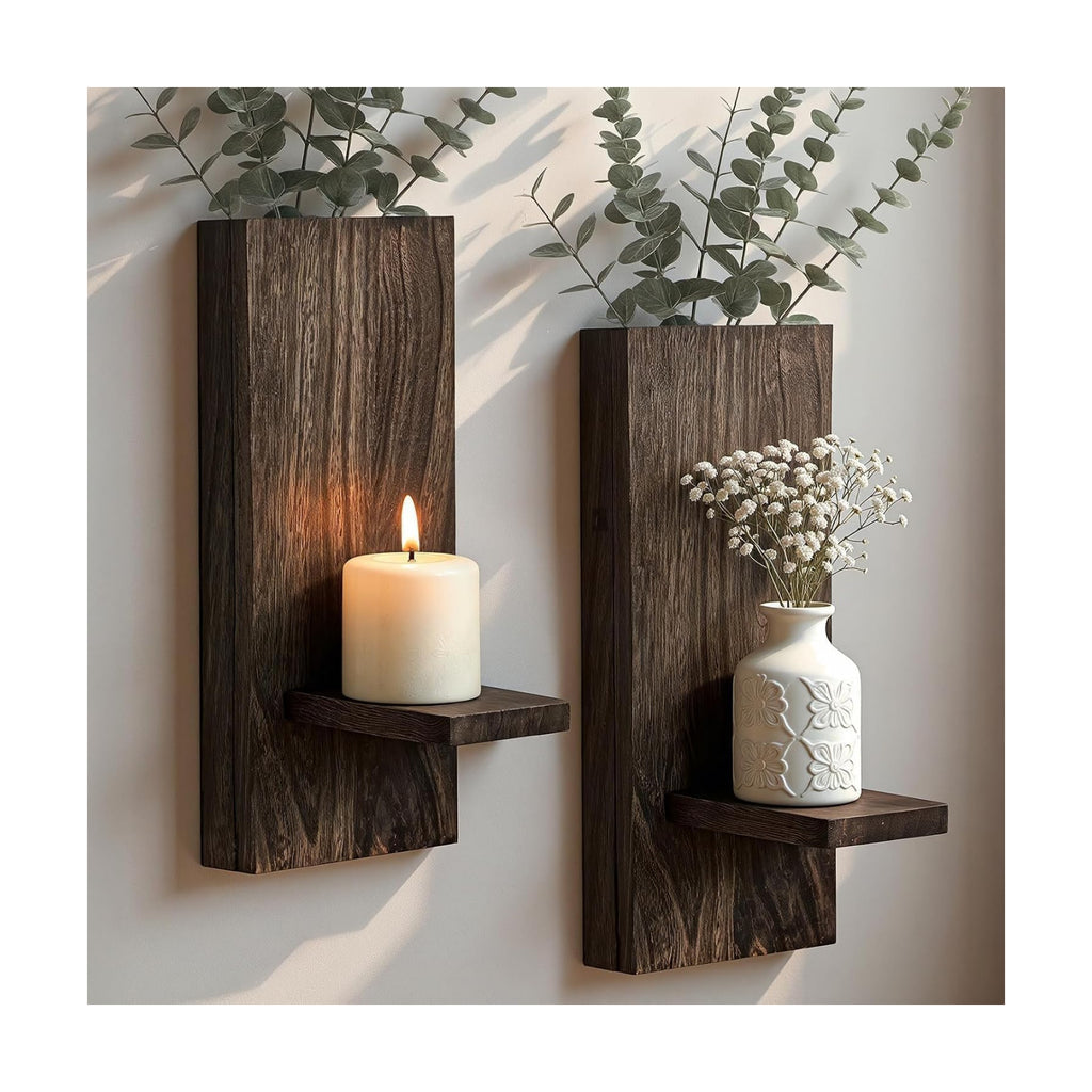 Wood Wall Decor Set of 2, Farmhouse Wall Planter for Small Spaces | wall vase and candle sconce in one, eucalyptus and