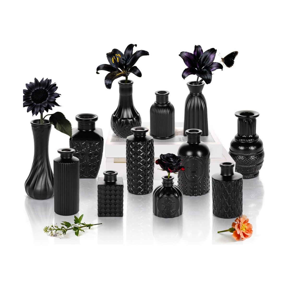 Black Glass Bud Vase Set of 12 Pcs,Small Bud Vases in Bulk,Glass Crystal Flower Vases Table Centerpieces for Party Event Wedding Decor Baby Shower Decorations (Classic Black, 12 Pcs)