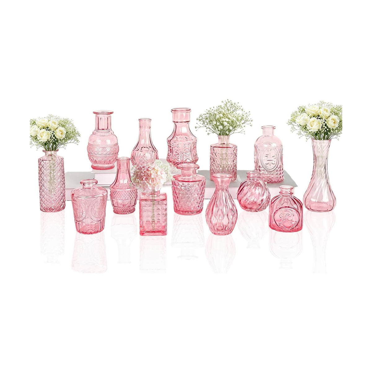 Clear Pink Glass Bud Vase Set of 14 Pcs,Small Bud Vases in Bulk,Glass Crystal Flower Vases Table Centerpieces for Party Event Wedding Decor Baby Shower Decorations (Pink, 14 Pcs)
