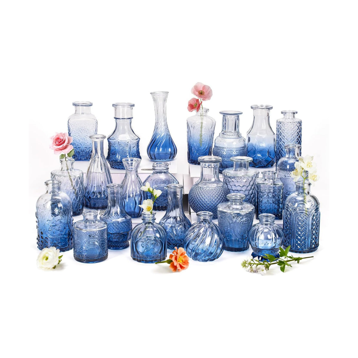 Clear Gradient Blue Glass Bud Vase Set of 24 Pcs,Small Bud Vases in Bulk,Glass Crystal Flower Vases Table Centerpieces for Party Event Wedding Decor Baby Shower Decorations (Gradient Blue, 24 Pcs)