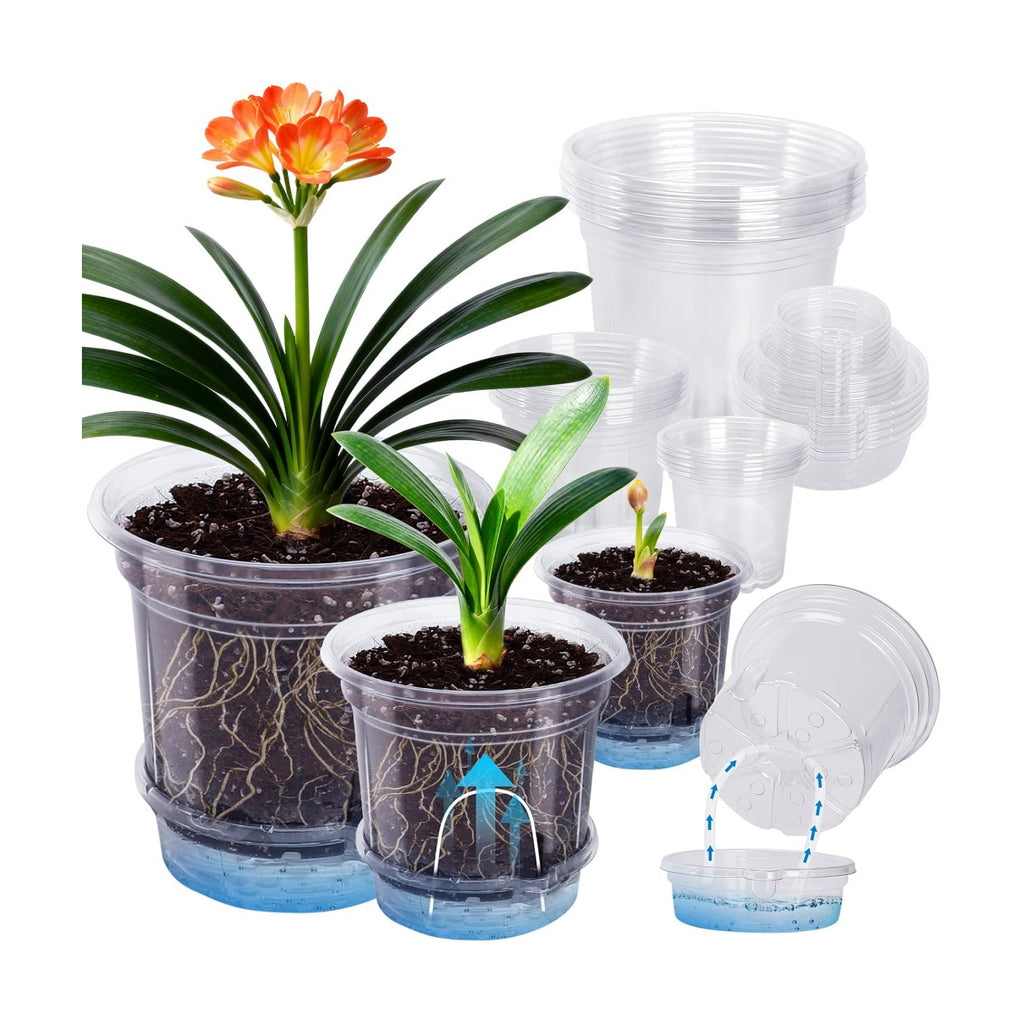 MIXC 18 Pack 6.5/5/4 Inch Self Watering Pots for Indoor Plants-Clear | Plastic, With Drainage Holes & Deep Reservoirs