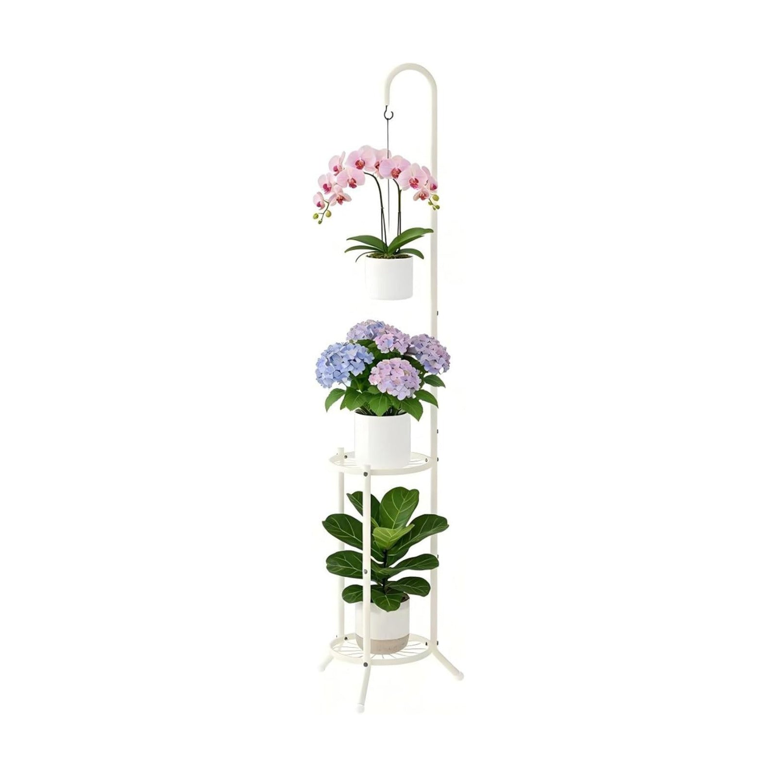 2-Tier Plant Stand With Hanging Hook, Metal Standing Plant Hanger, White | Space-Saving Iron Planter Shelves, Multiple