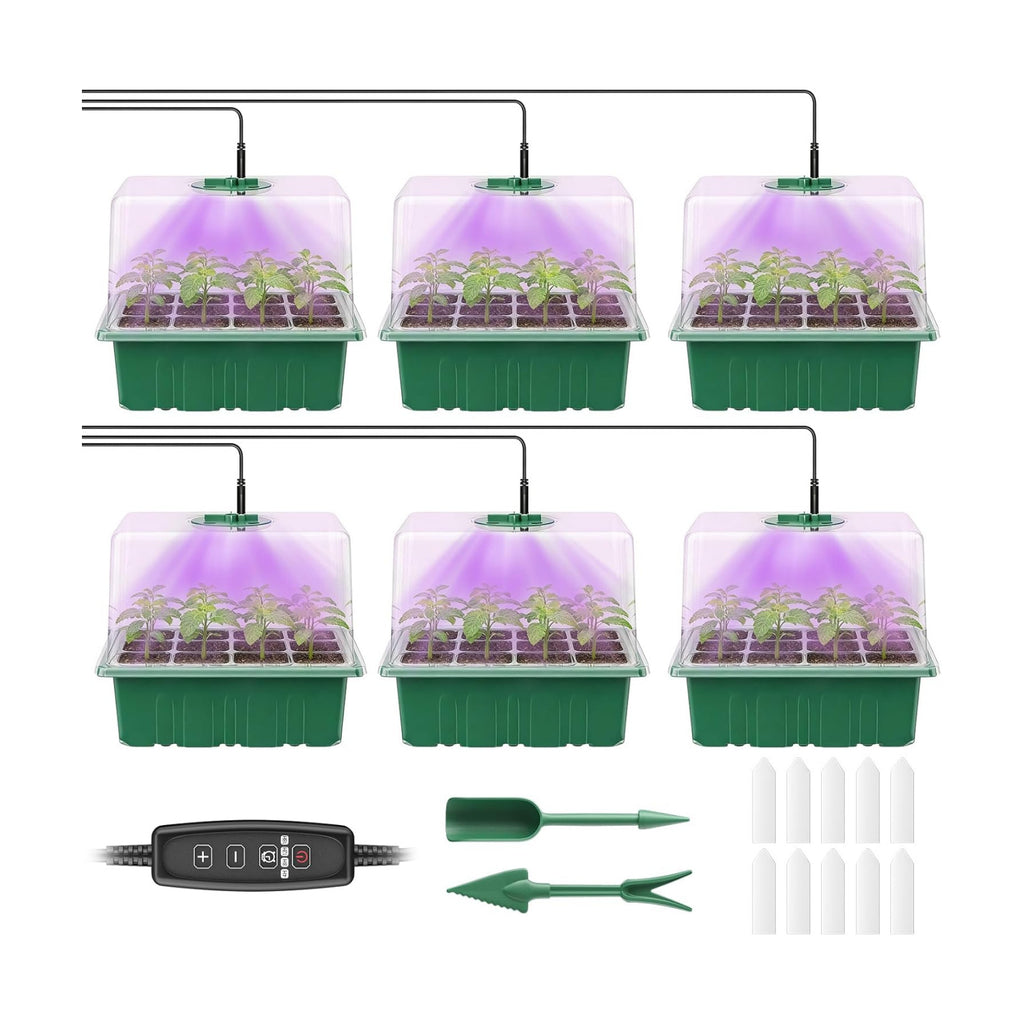 Pawfly 6 Pack Seed Starter Kit, 72 Cells, Seed Starter Trays | Adjustable Grow Lights & 3.9" Humidity Domes, Seedling