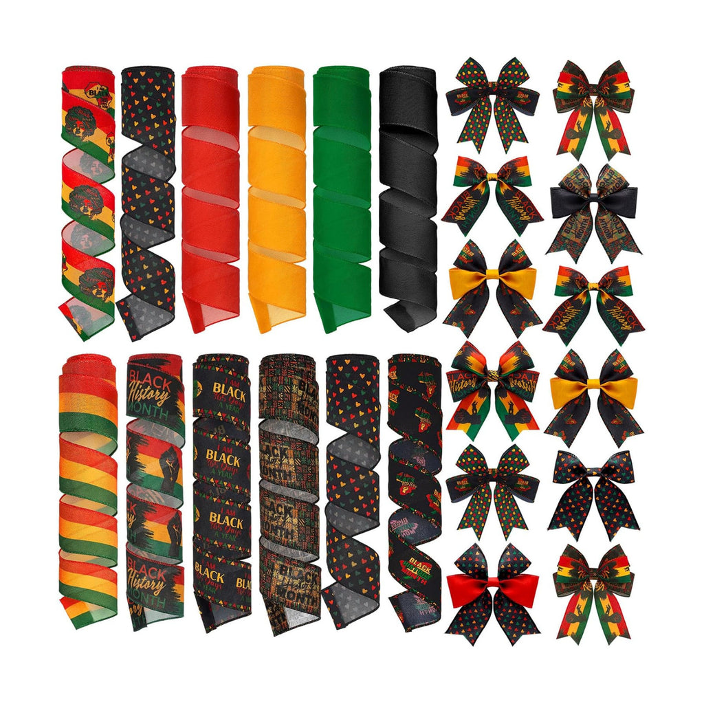 12 Rolls Black History Month Ribbons 2 Inch x 60 Yards Wired Edge Fabric Ribbons Craft Black History Month Themed Pattern Wrapping Crafts for DIY Gift Hair Bows Sewing Wreath 12 Styles