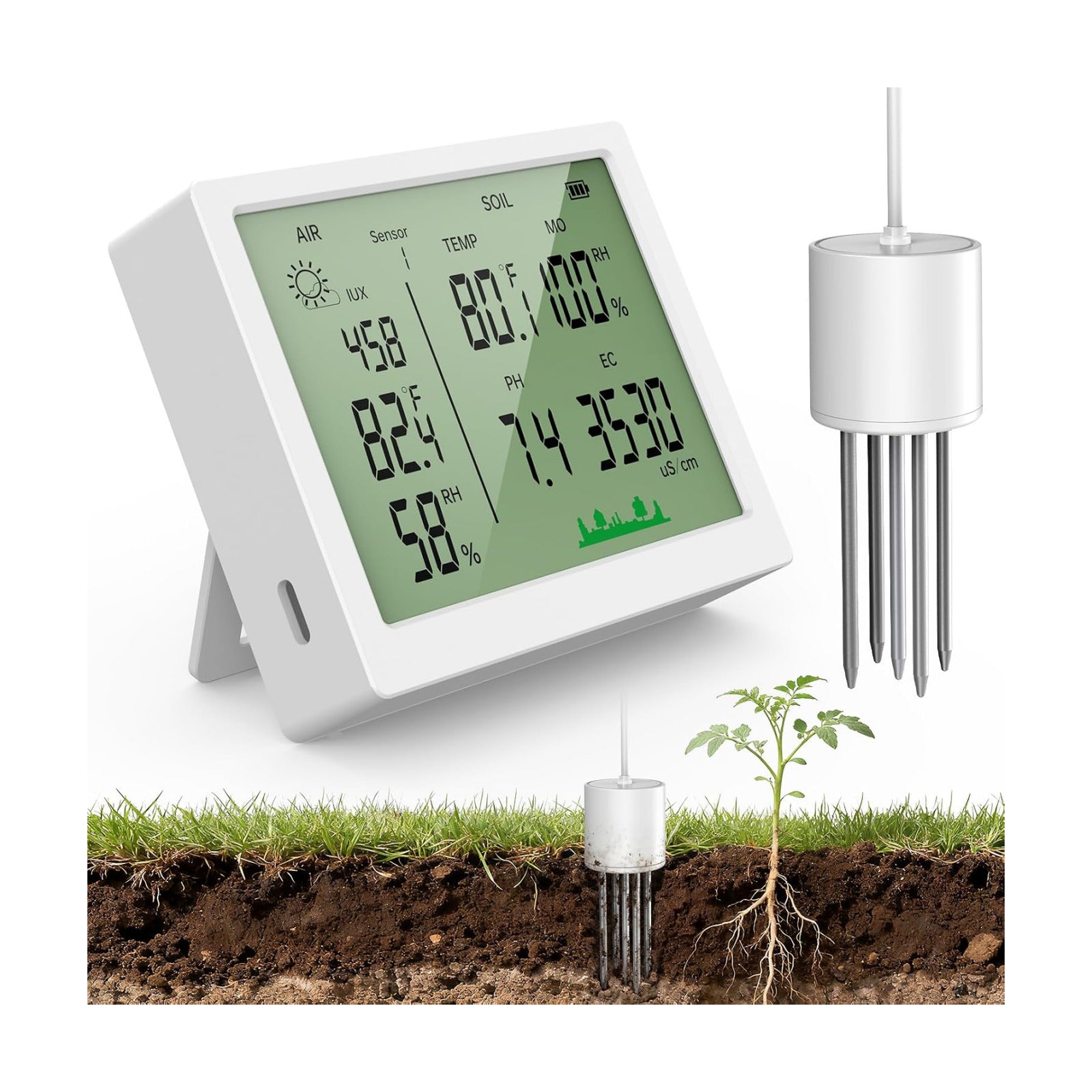 7 in 1 Soil Meter, Digital Soil Test Kit of PH/Sunlight/Fertility/Soil & Air Temp, Humidity Meter for Indoor & Outdoor