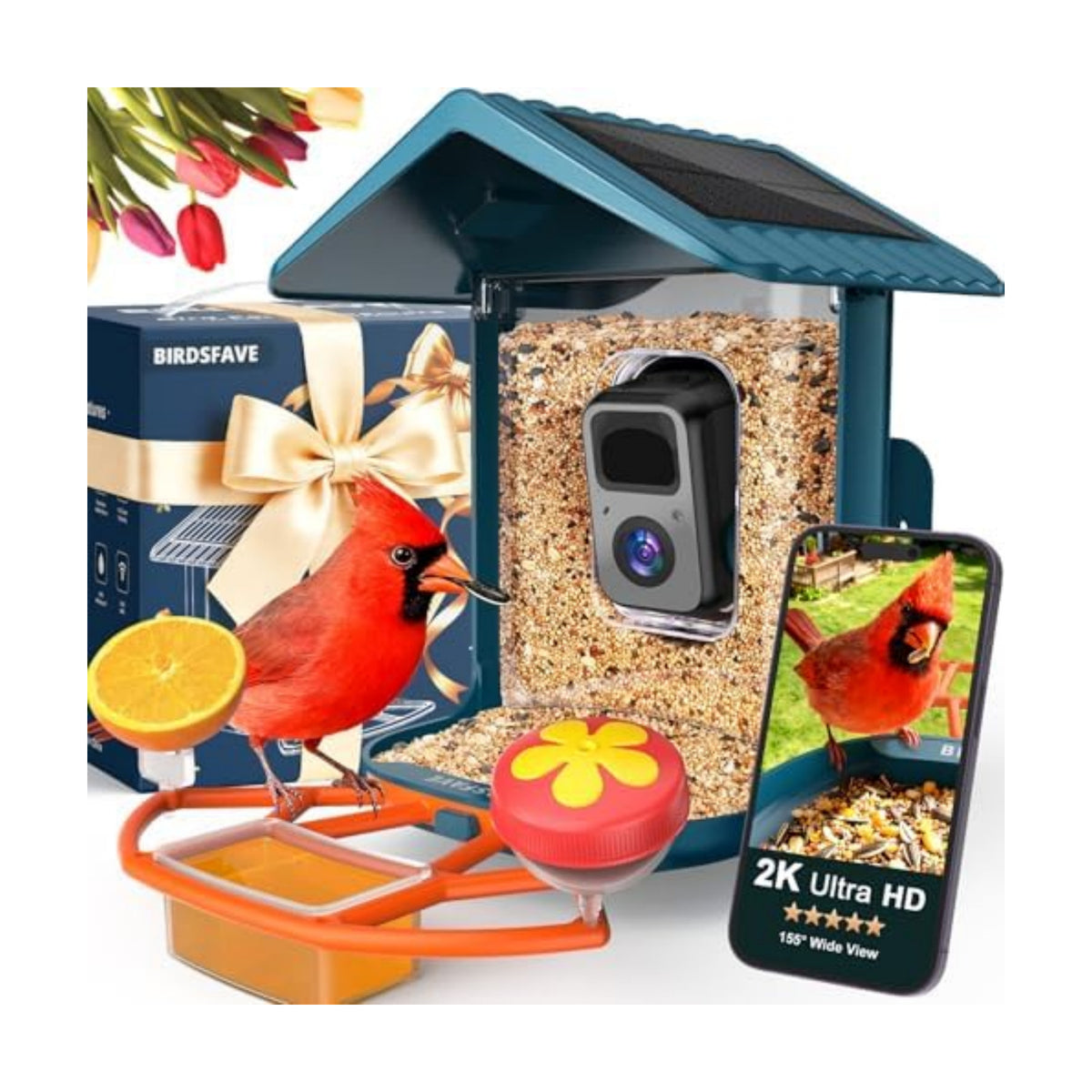 Bird Feeder with Camera Solar Powered 2K Video with 32GB Card Auto Capture