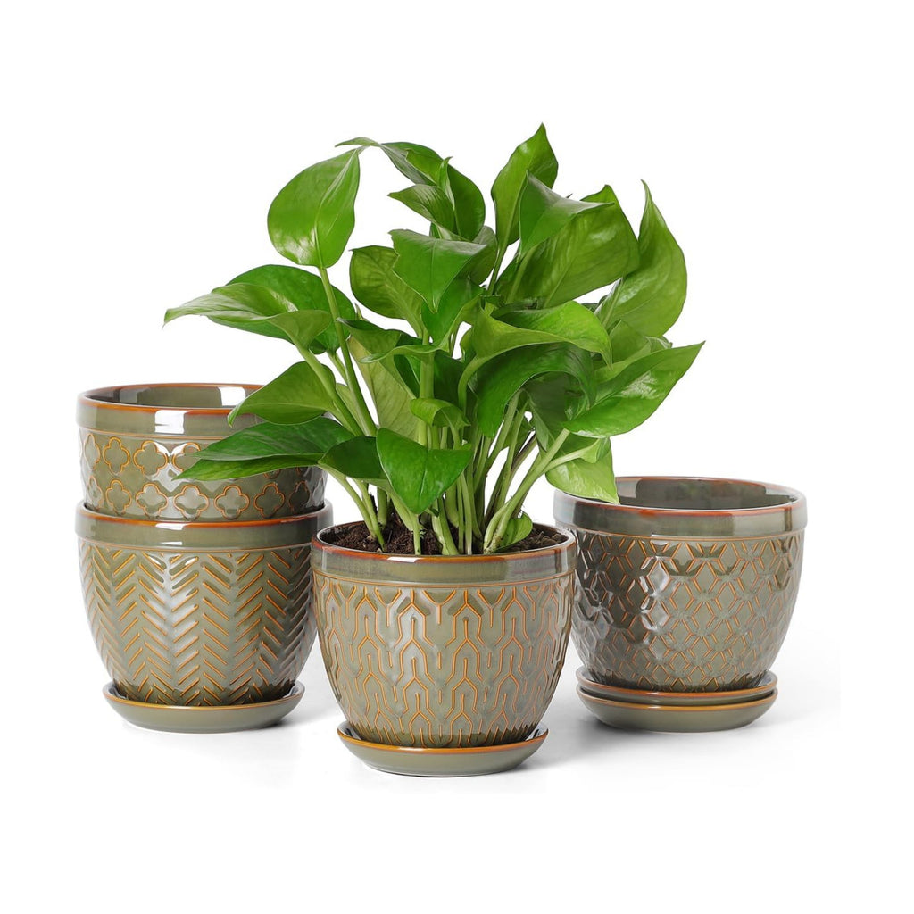 Sureasy Ceramic Indoor Plant Pots, 5.6 Inch Flower Pots for Plants with Drainage Hole and Saucer, Embossed Planter for