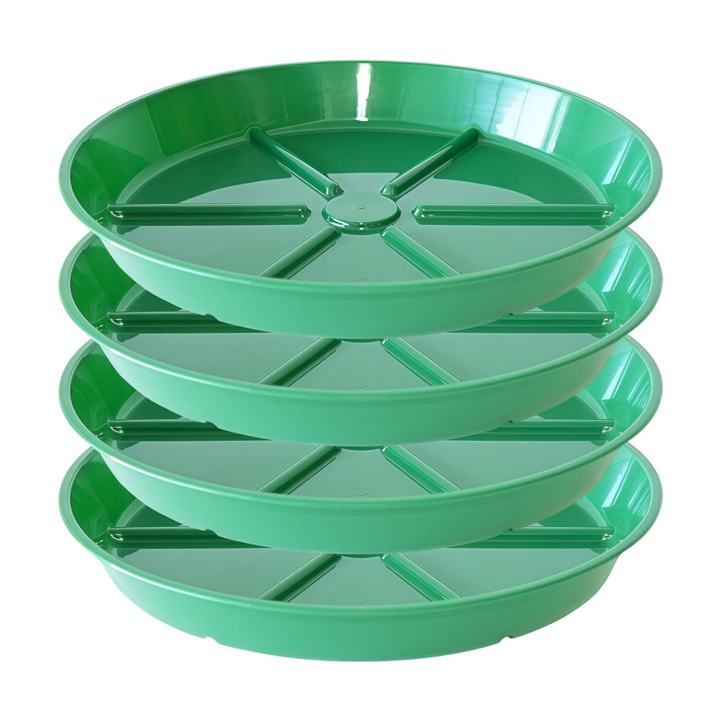 Plant Saucer Pot Tray 14 inch, 4 Packs Flower Planter Saucers and Drip Trays, Heavy Duty Round Plastic Flower Plant Dish Pant Plate to Catch Water for Indoor & Outdoor, Green
