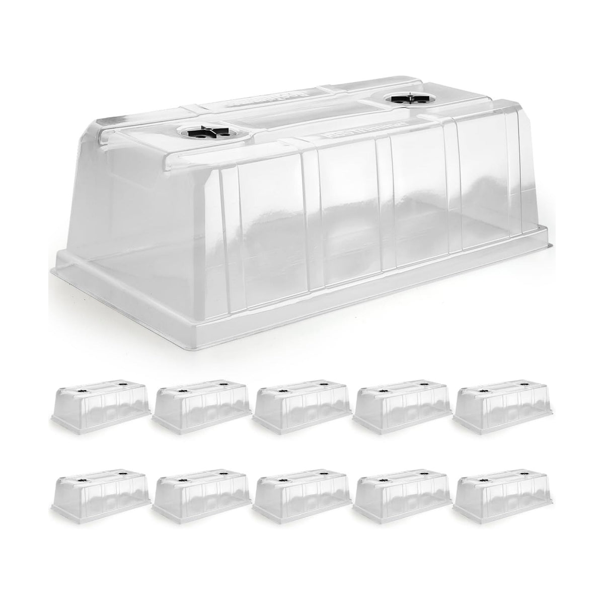 RooTrimmer 10 Pack 6.3" Tall Humidity Domes for 1020 Trays, Extra Strength Seed Starter Covers with 2 Adjustable Vents, Clear Plastic Propagation Cloning Lids for Germination & Microgreens, BPA-Free