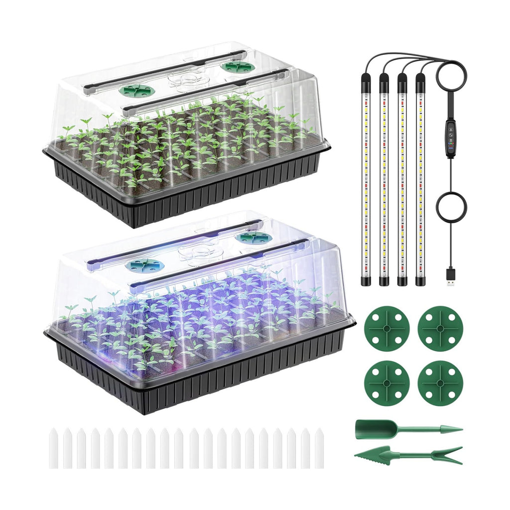 Pawfly Seed Starter Trays, 2 Pack 80 Cells Seed Starter Kit | Adjustable Grow Light Bars & 3.5" Humidity Domes, Seeding