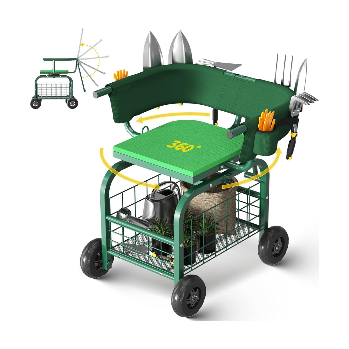 Suntee Garden Seat with Wheels, Rolling Gardening Stool with 360° Swivel Seat & Backrest,Tool Storage Basket & Back