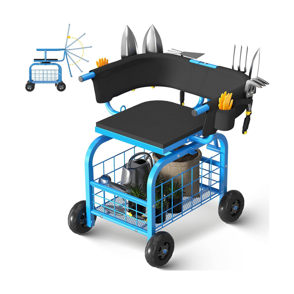 Suntee Garden Seat with Wheels, Rolling Gardening Stool with 360° Swivel Seat & Backrest,Tool Storage Basket & Back