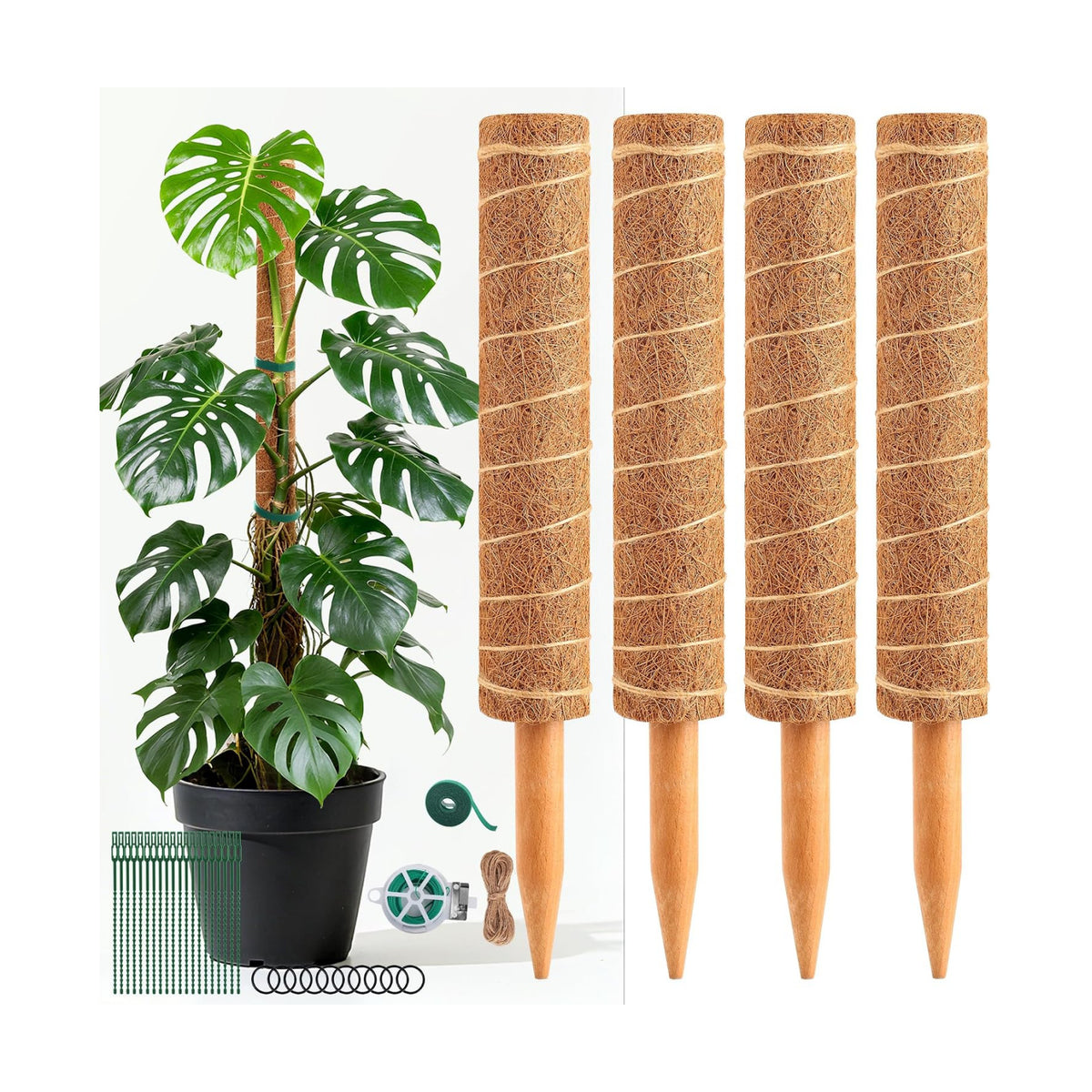48 Inch Monstera Plant Support, 4 Pack 16 inch Moss Pole for Monstera & Climbing Plants Coco Coir Plant Support, Plant Ties Included