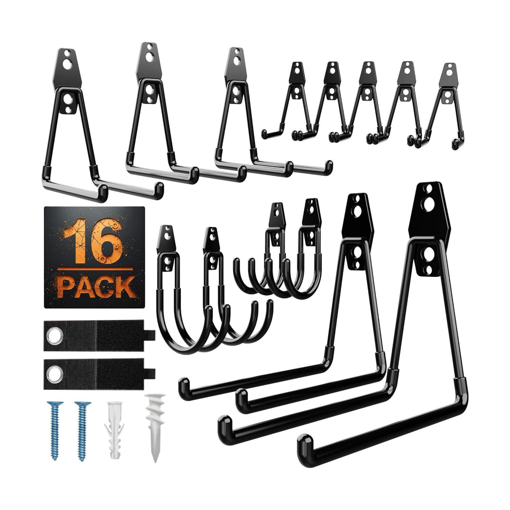 16 Pack Heavy Duty Garage Hooks, Wall Mounted Tool Hangers | PVC-coated hooks for bikes, ladders, garden tools and