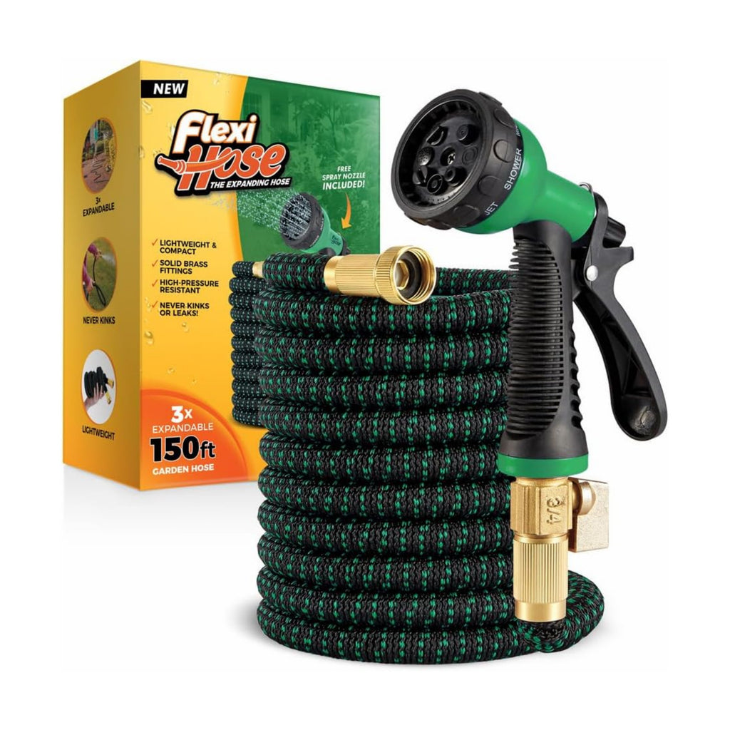 Flexi Hose with 8 Function Nozzle, 150FT - Lightweight Expandable Garden Hose, No-Kink Flexibility, 3/4 Inch Solid