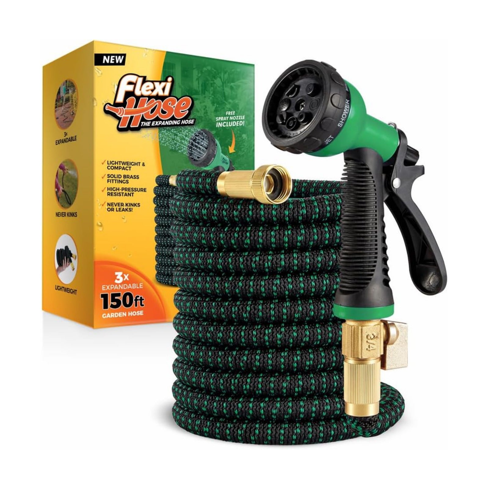 Flexi Hose with 8 Function Nozzle, 150FT - Lightweight Expandable Garden Hose, No-Kink Flexibility, 3/4 Inch Solid