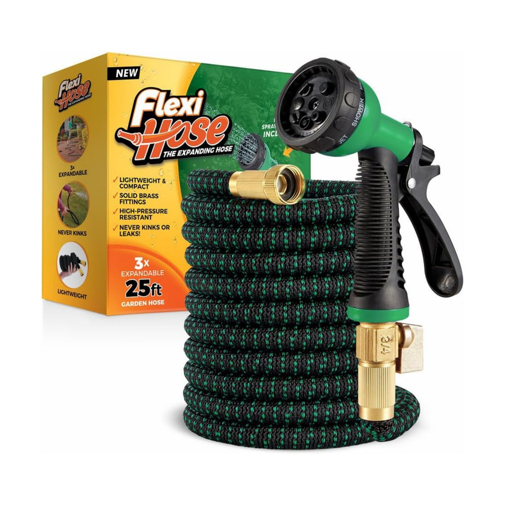 Flexi Hose with 8 Function Nozzle, 25FT - Lightweight Expandable Garden Hose, No-Kink Flexibility, 3/4 Inch Solid Brass