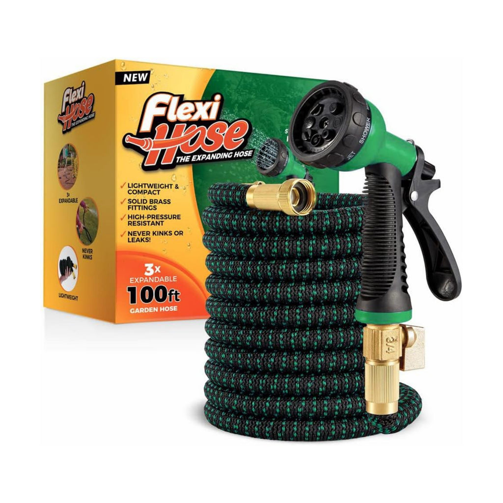 Flexi Hose with 8 Function Nozzle, 100FT - Lightweight Expandable Garden Hose, No-Kink Flexibility, 3/4 Inch Solid