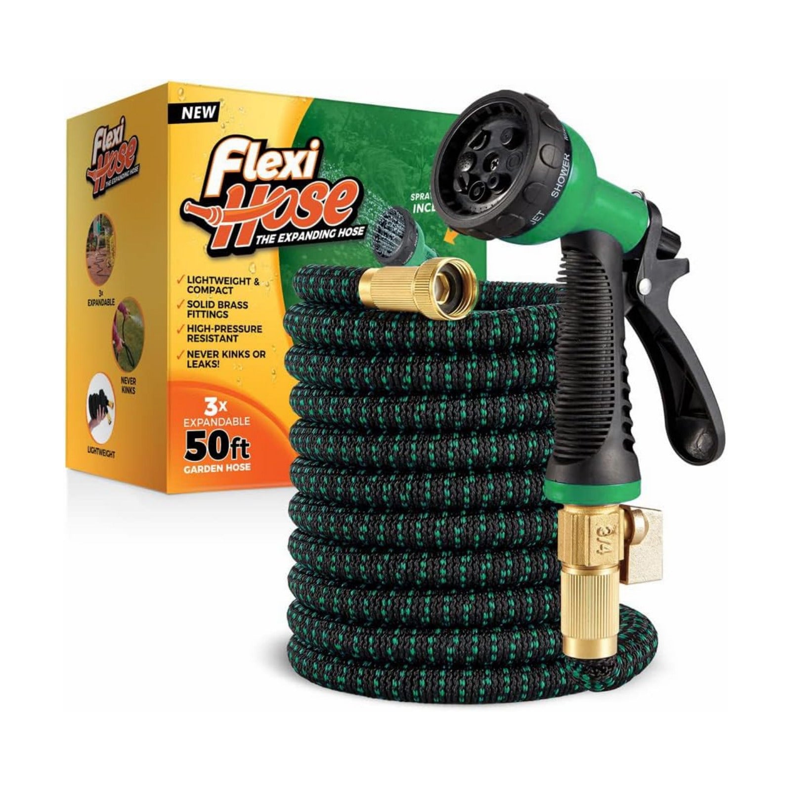Flexi Hose with 8 Function Nozzle, 50FT - Lightweight Expandable Garden Hose, No-Kink Flexibility, 3/4 Inch Solid Brass