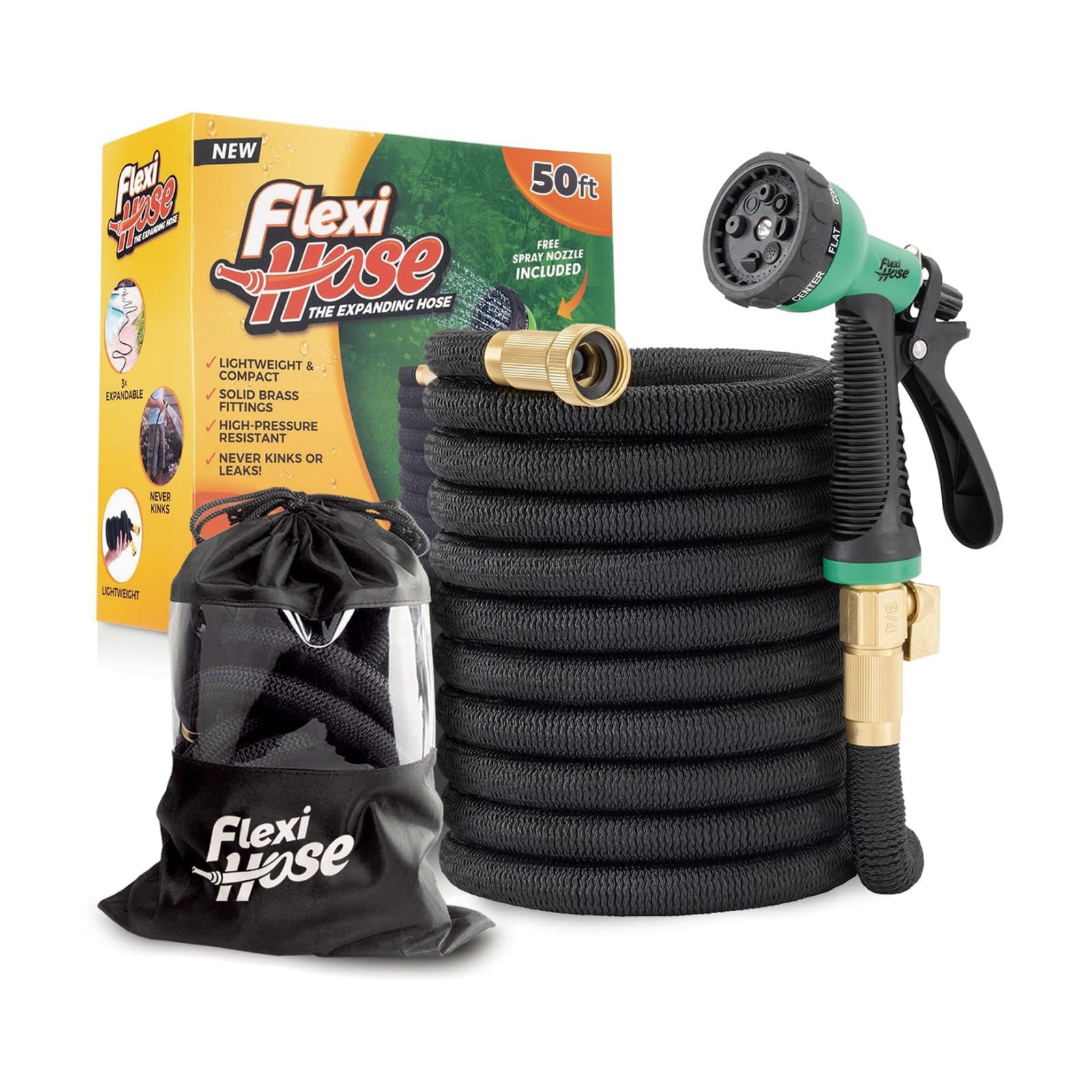 Flexi Hose Plus Expandable Garden Hose with 8 Function Nozzle, 50FT - Lightweight Retractable Garden Hose, Water Hose