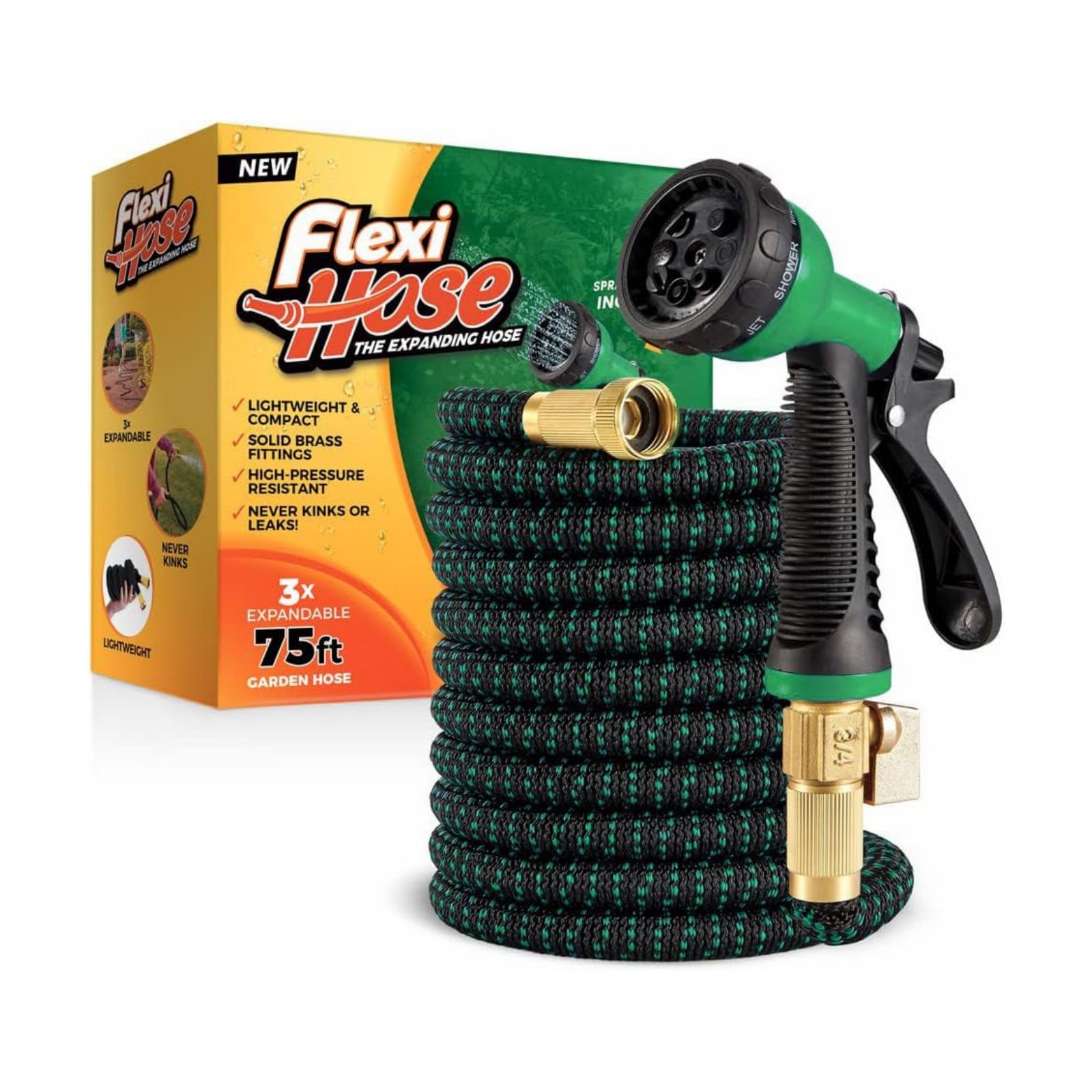 Flexi Hose with 8 Function Nozzle, 75FT - Lightweight Expandable Garden Hose, No-Kink Flexibility, 3/4 Inch Solid Brass