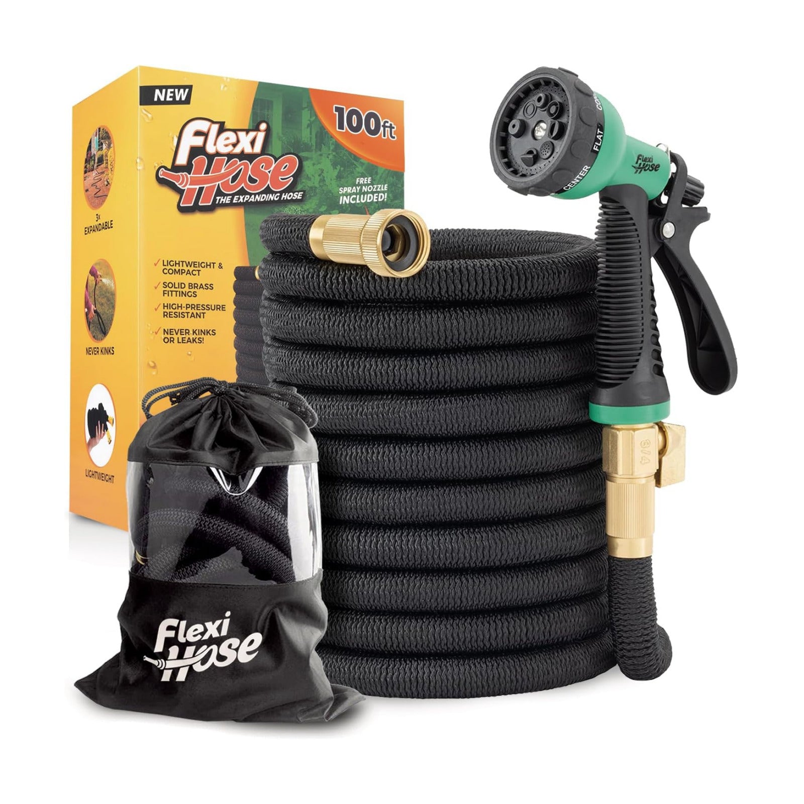 Flexi Hose Plus Expandable Garden Hose with 8 Function Nozzle, 100FT - Lightweight Retractable Garden Hose, Water Hose