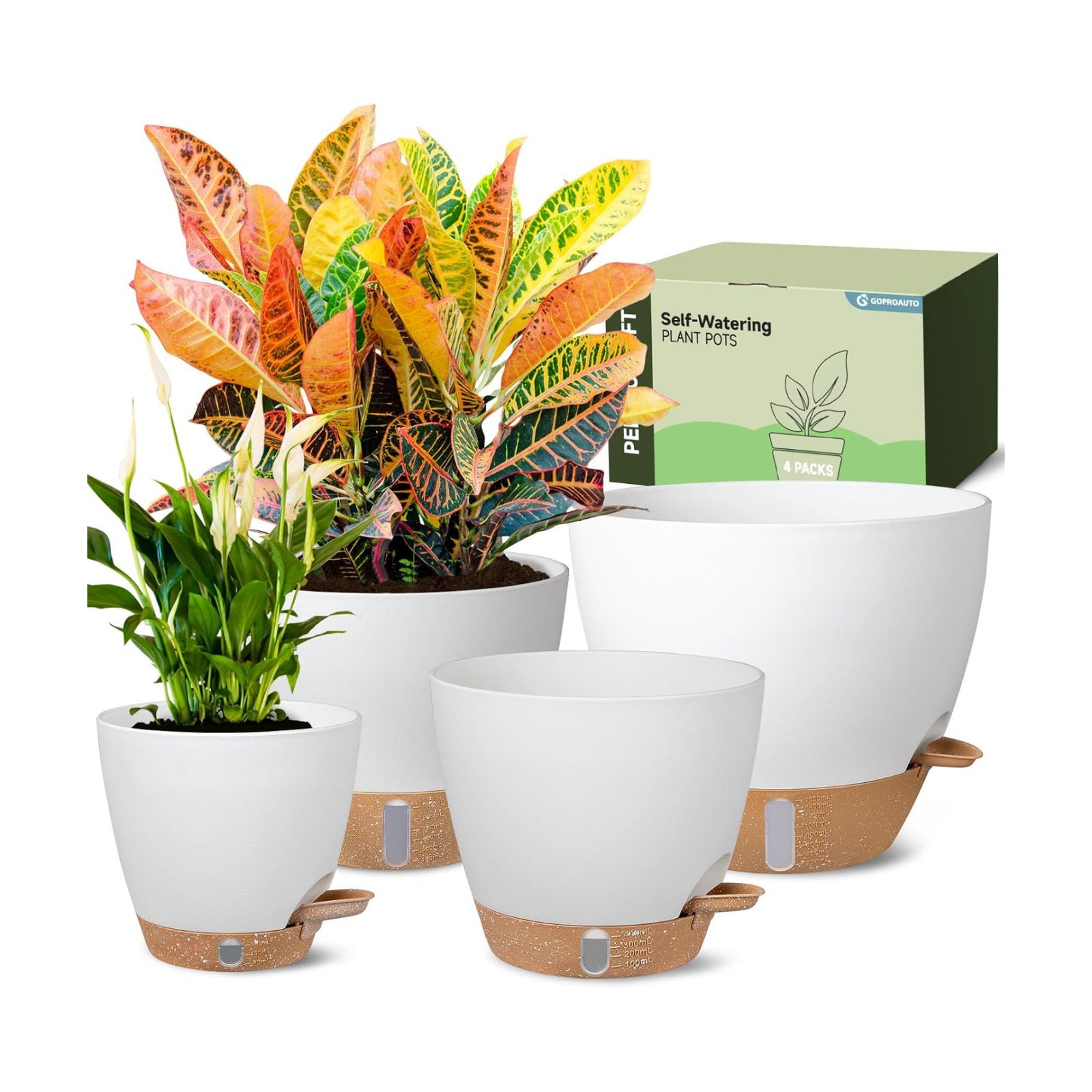 Self-Watering Pots for Indoor and Outdoor Plants 4 Pack, 6/8/10/12 Inch Planters with Water Level Indicator & Deep