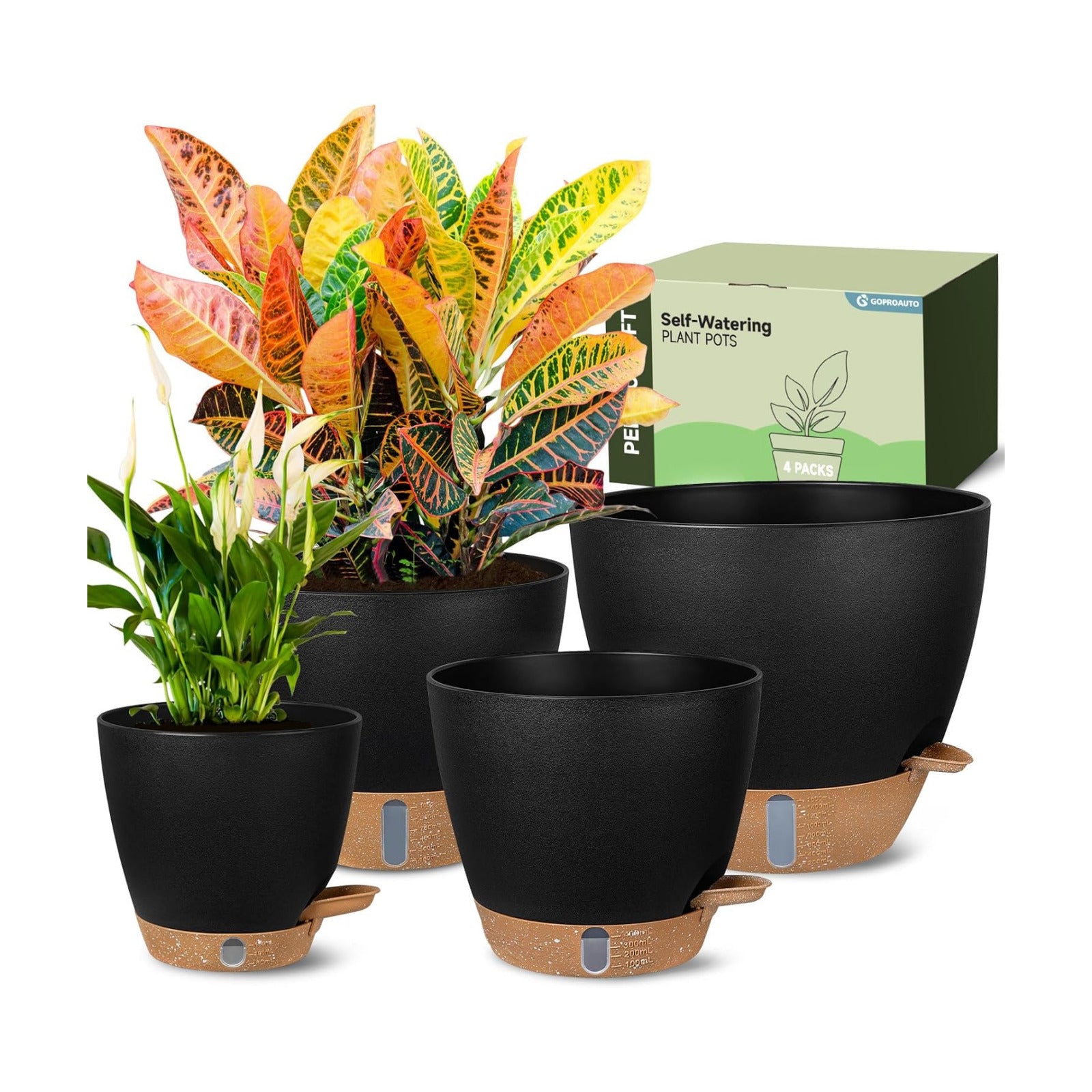 Self-Watering Pots for Indoor and Outdoor Plants 4 Pack, 6/8/10/12 Inch Planters with Water Level Indicator & Deep