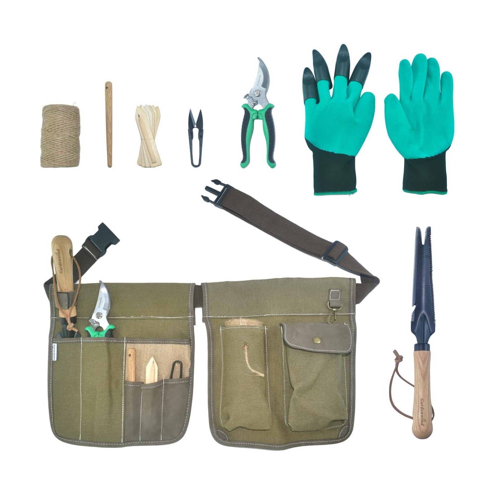 Gardenwind 14Pcs Gardening Tools for Men Gardening Hand Tools with Weeder, Scale, Sawtooth, Cut Rope, Waist Bag,Heavy